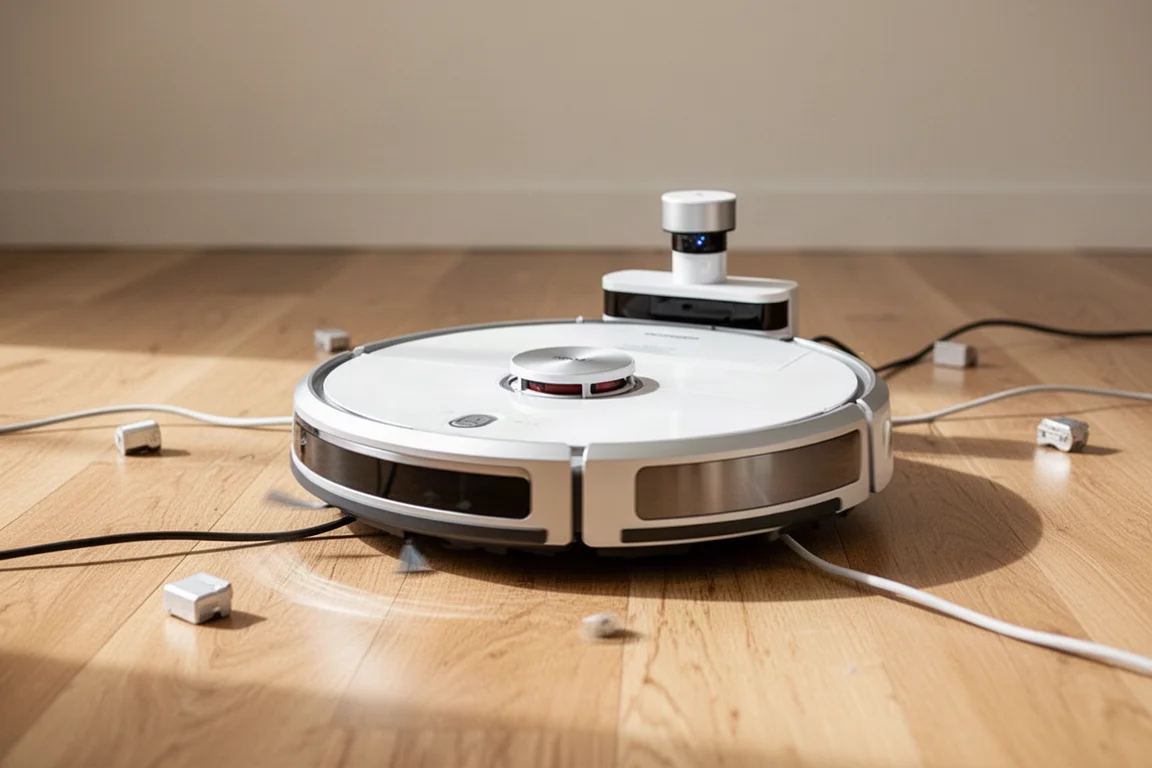 Aspiradora robot navegando entre cables y objetos pequeños en el suelo