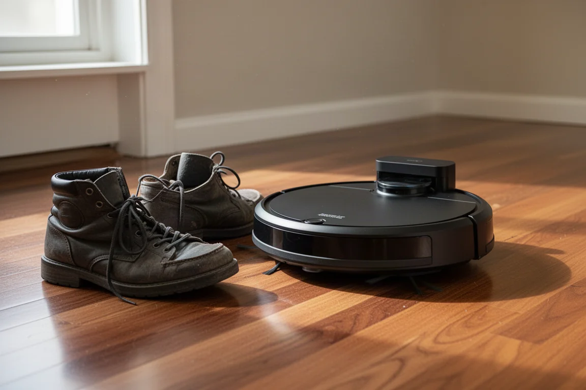 Robot vacuum navigating around a pair of shoes on a hardwood floor