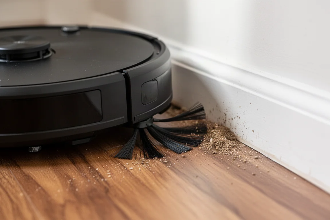 Close-up of robot vacuum extending side brush cleaning along a wall edge