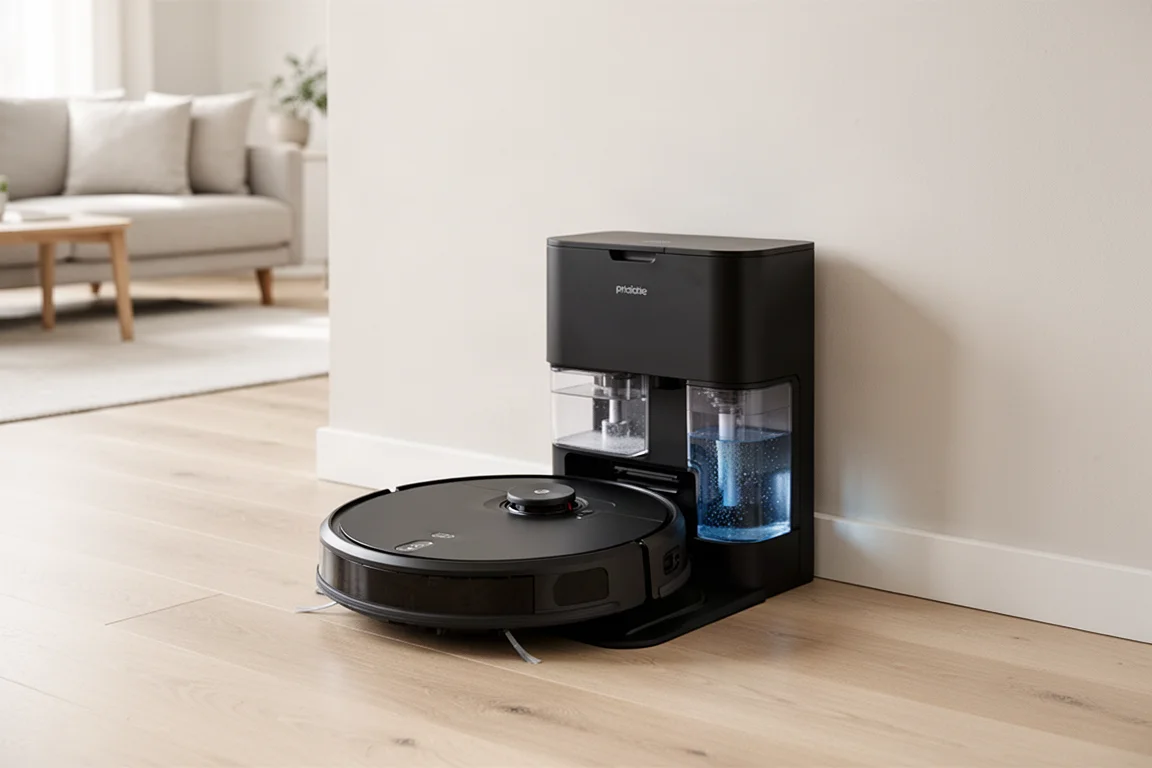 Robot vacuum dock station with clean and dirty water tanks in a modern living room