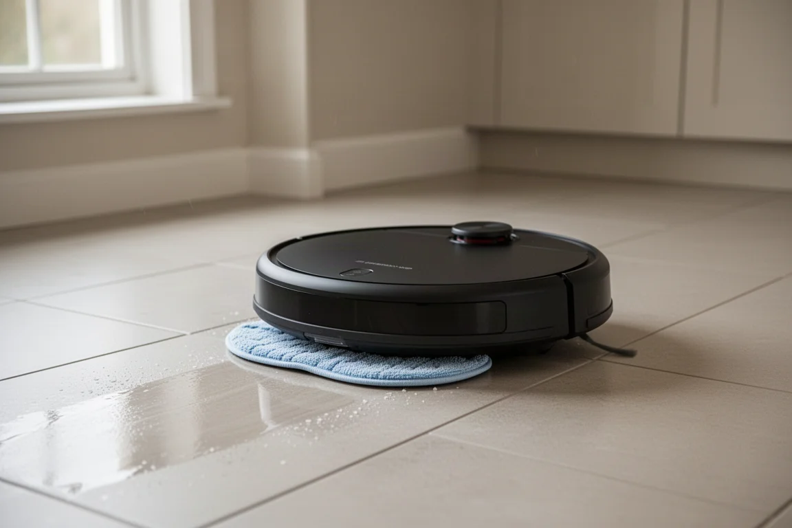 Robot vacuum mopping a tiled kitchen floor with a damp mop pad