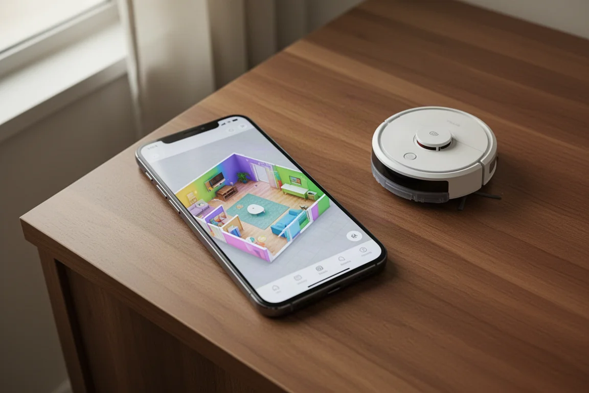 Smartphone exibindo o aplicativo do robô aspirador com um mapa 3D do piso