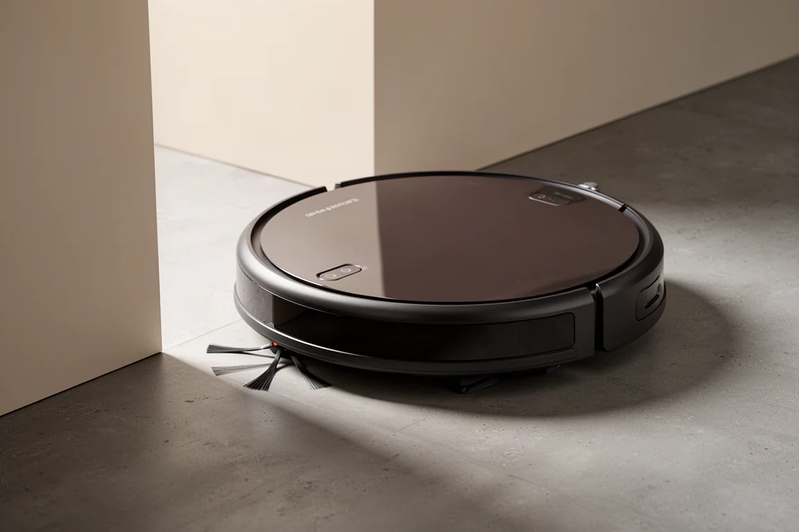 Round robot vacuum with extended brush reaching into a floor corner
