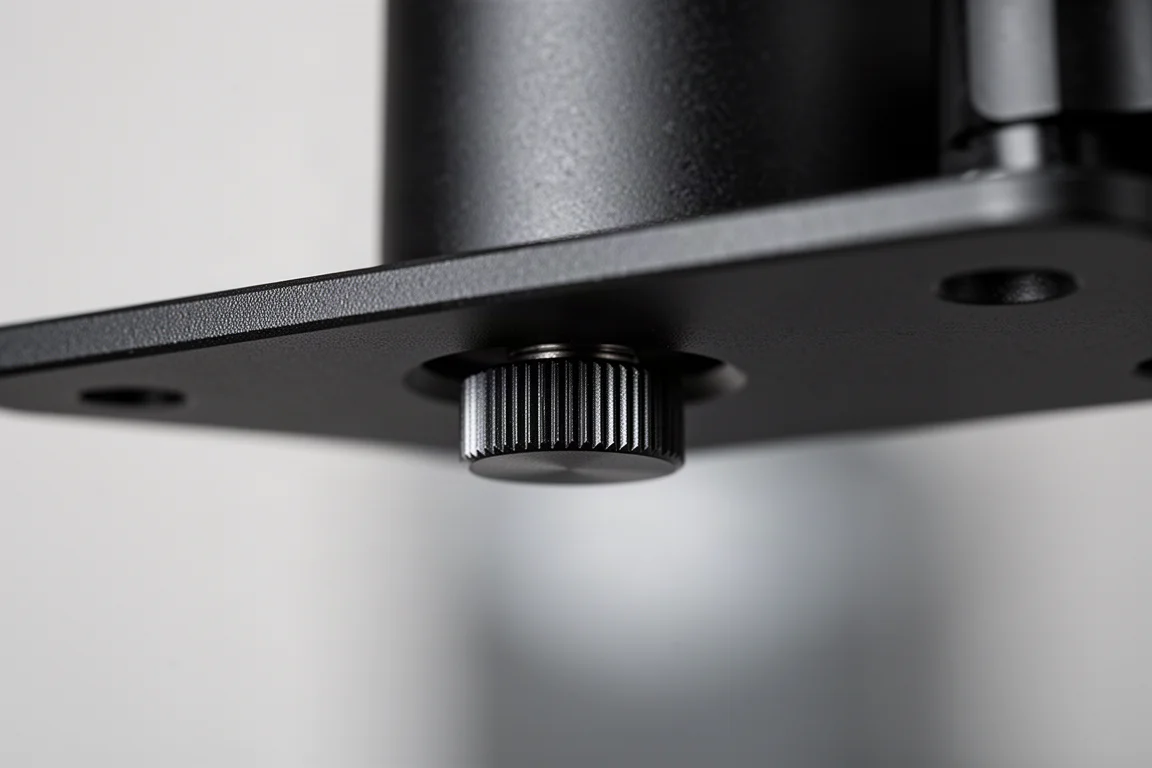 Gros plan sur une petite molette de réglage encastrée dans la plaque d'un support de projecteur