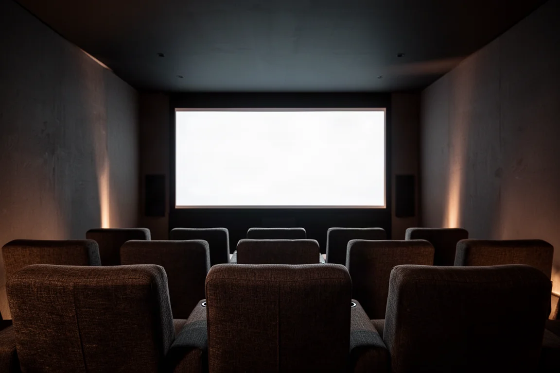 Sièges de home cinéma et écran avec un faisceau de projecteur dans une pièce obscurcie
