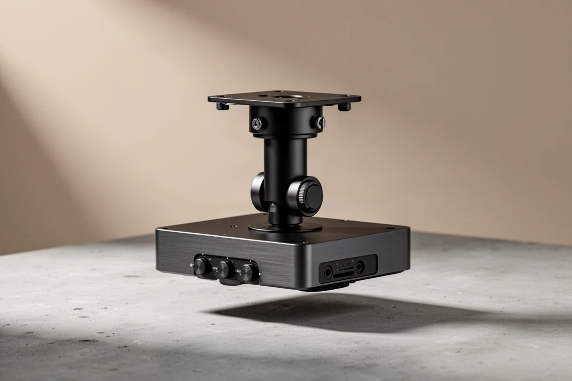 Black universal ceiling projector mount with ceiling plate, extension pipe and adjustment dials