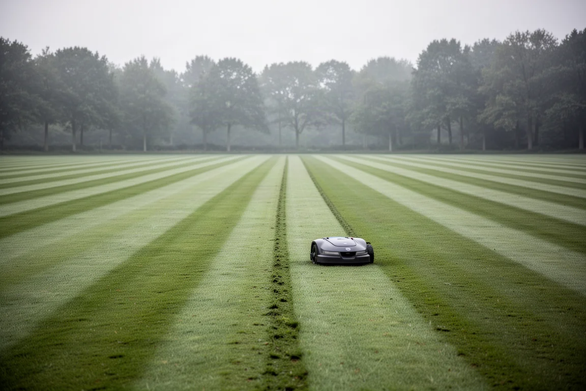 Robotmaaier maait nette rechte banen over een groot open gazon