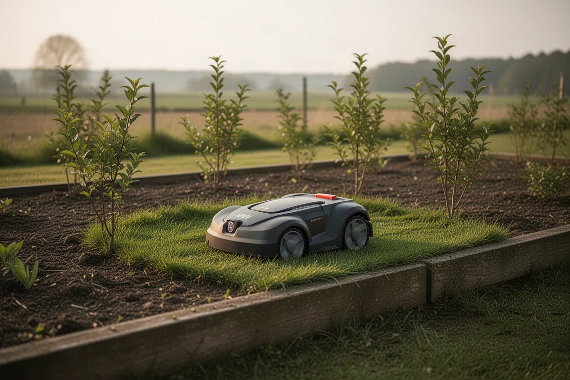 Robotmaaier manoeuvreert rond een border met zichtbare speling rond obstakels