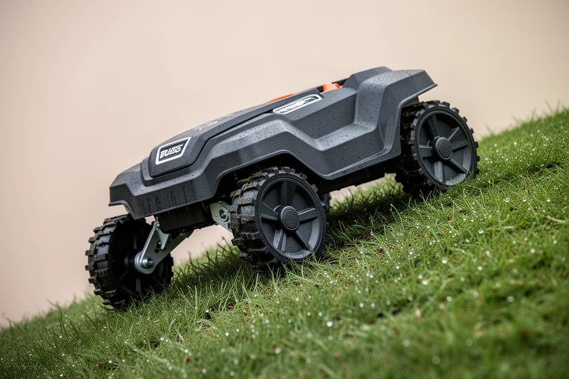 Close-up van een robotmaaier die een steile grasmatige helling beklimt