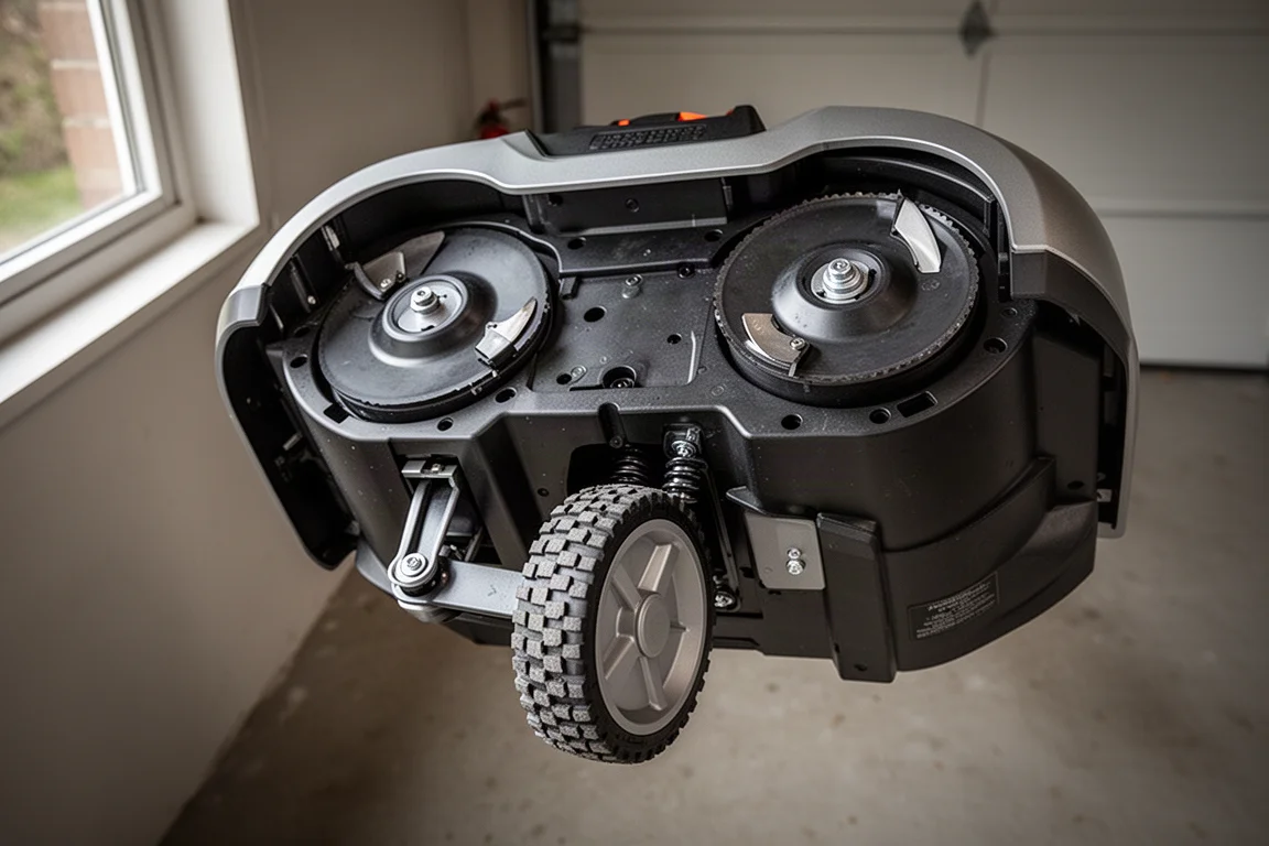 Onderaanzicht met draaibare mesdiscs op een robotmaaier
