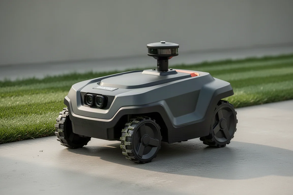 Dark grey robotic lawn mower with lidar turret and treaded wheels on concrete