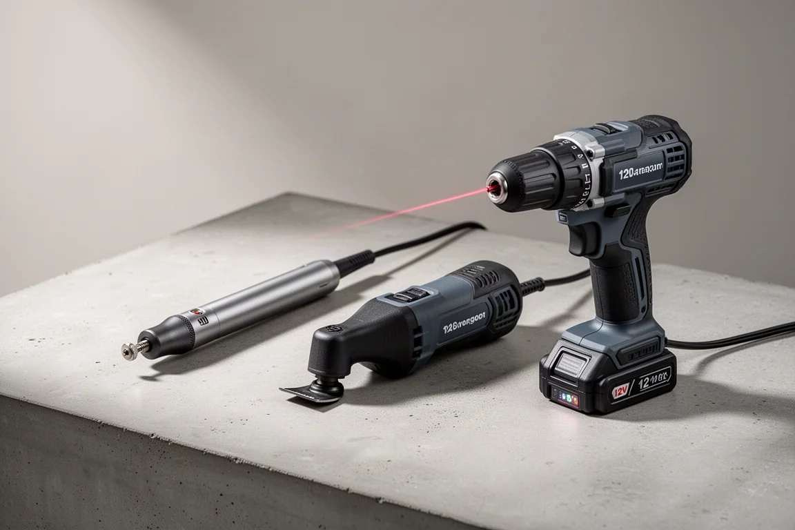 Dremel rotary tool, oscillating multi-tool and compact drill driver arranged on a concrete surface