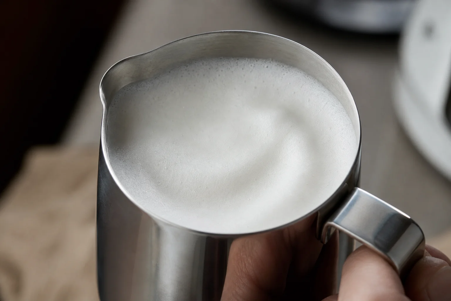 Milk being frothed in the stainless steel jug with visible microfoam texture