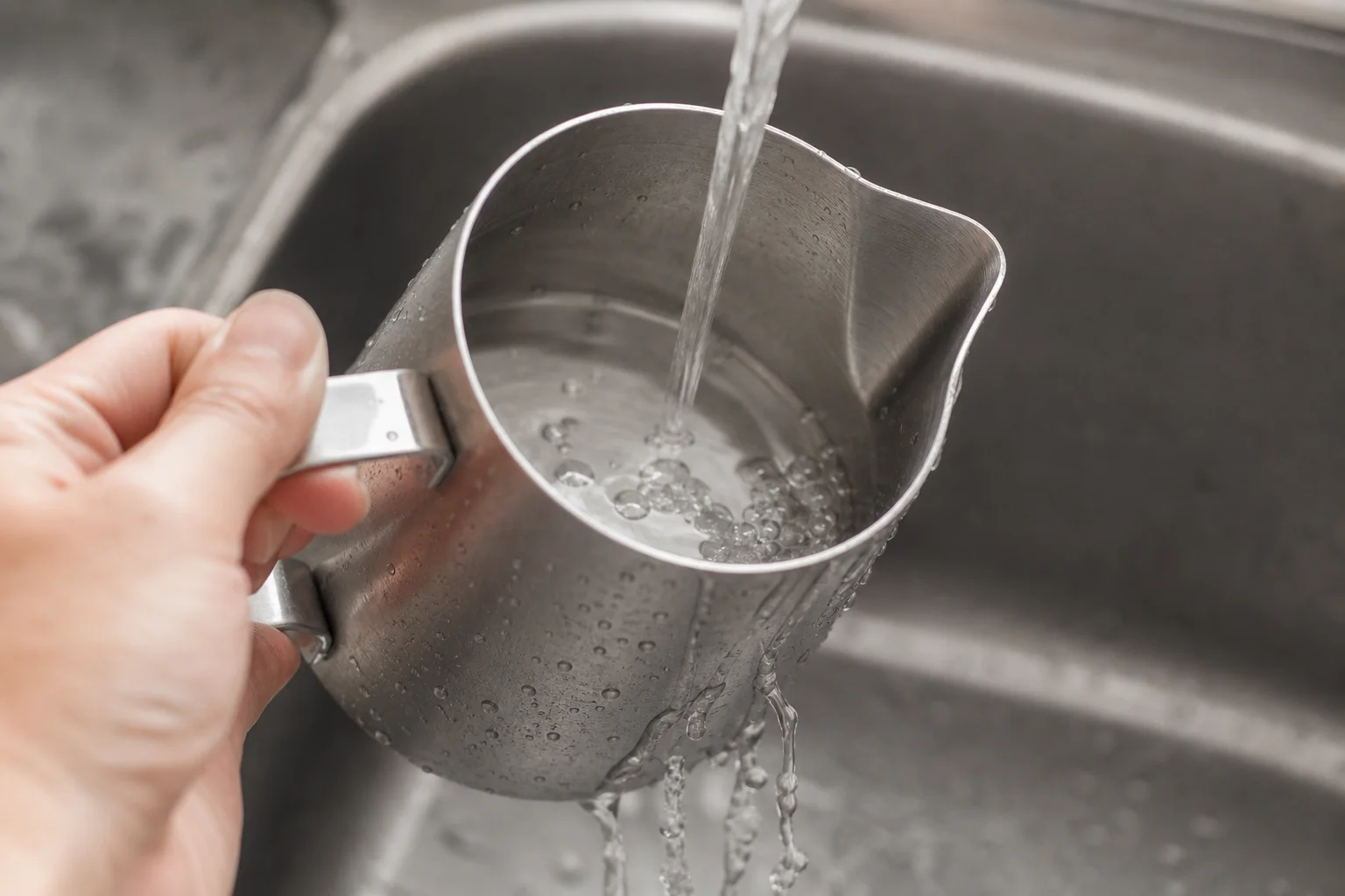 The detachable milk jug being rinsed under running water for cleaning