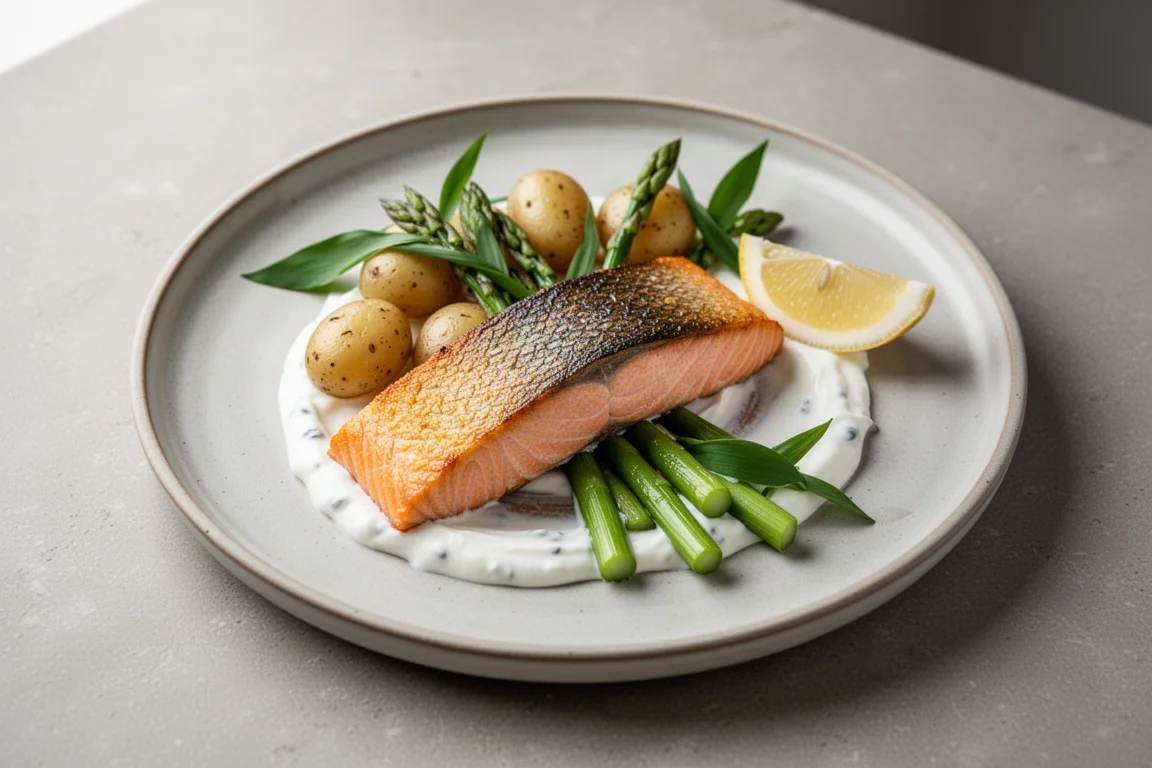 Salmon fillet with crispy skin and blush pink center plated with asparagus