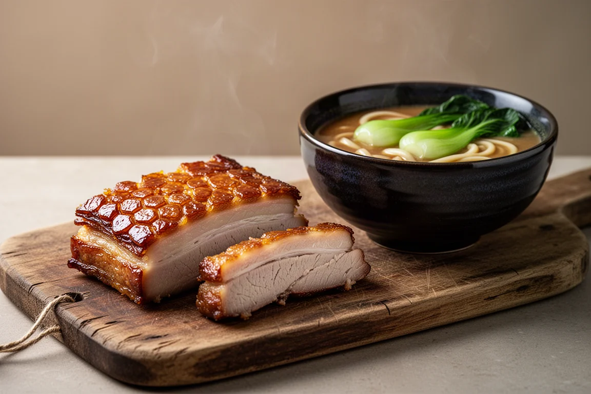 Crispy pork belly slices beside a bowl of miso udon noodle broth
