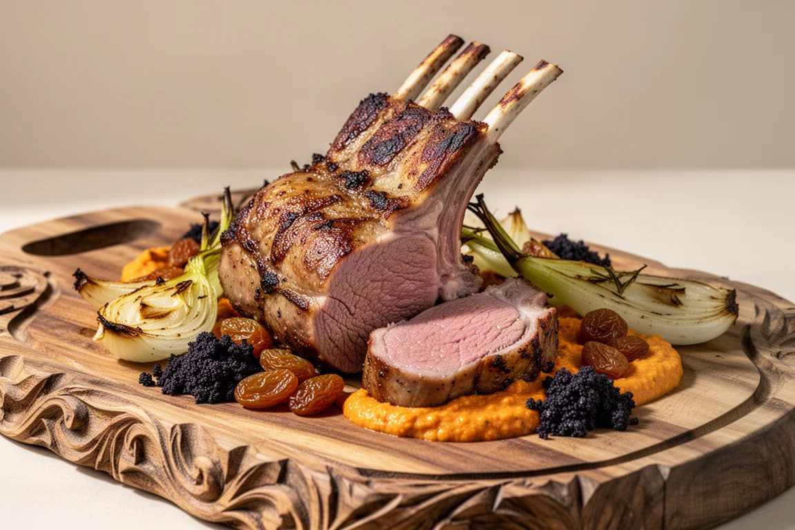 Rack of lamb on a wooden board with fennel and olive crumb