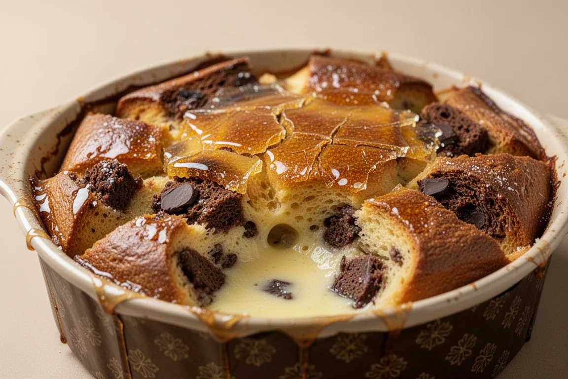 Creme brulee style bread and butter pudding with a caramelized top