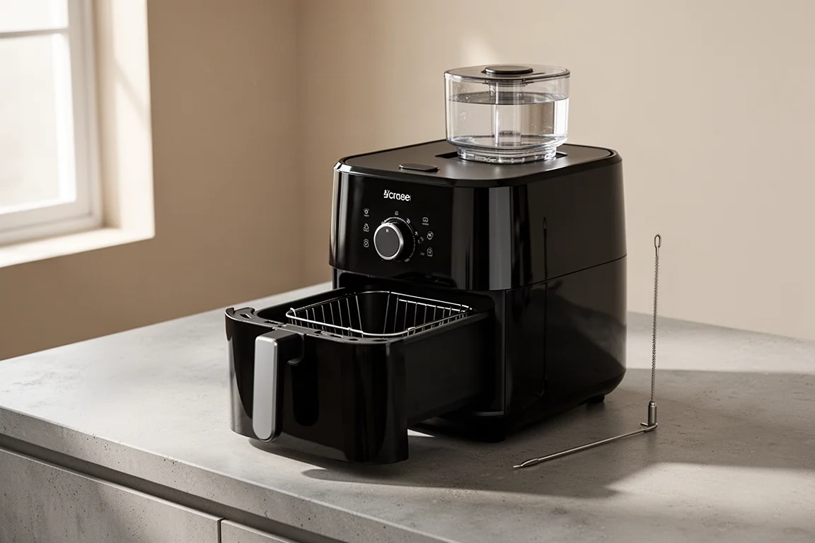 Black countertop combi cooker with water tank and temperature probe on a concrete counter