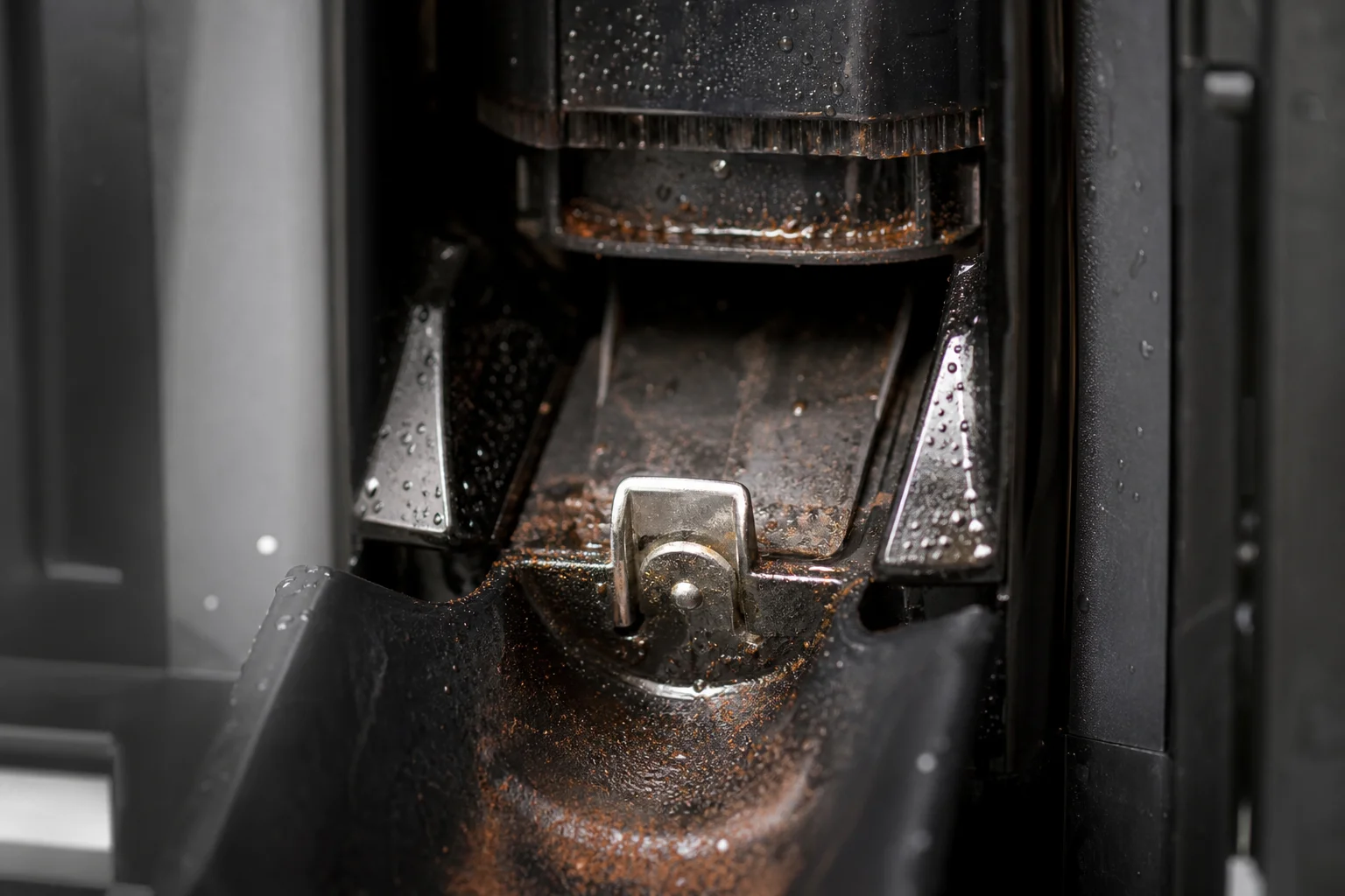Interior coffee chute showing sticky residue and fine particle buildup after brewing