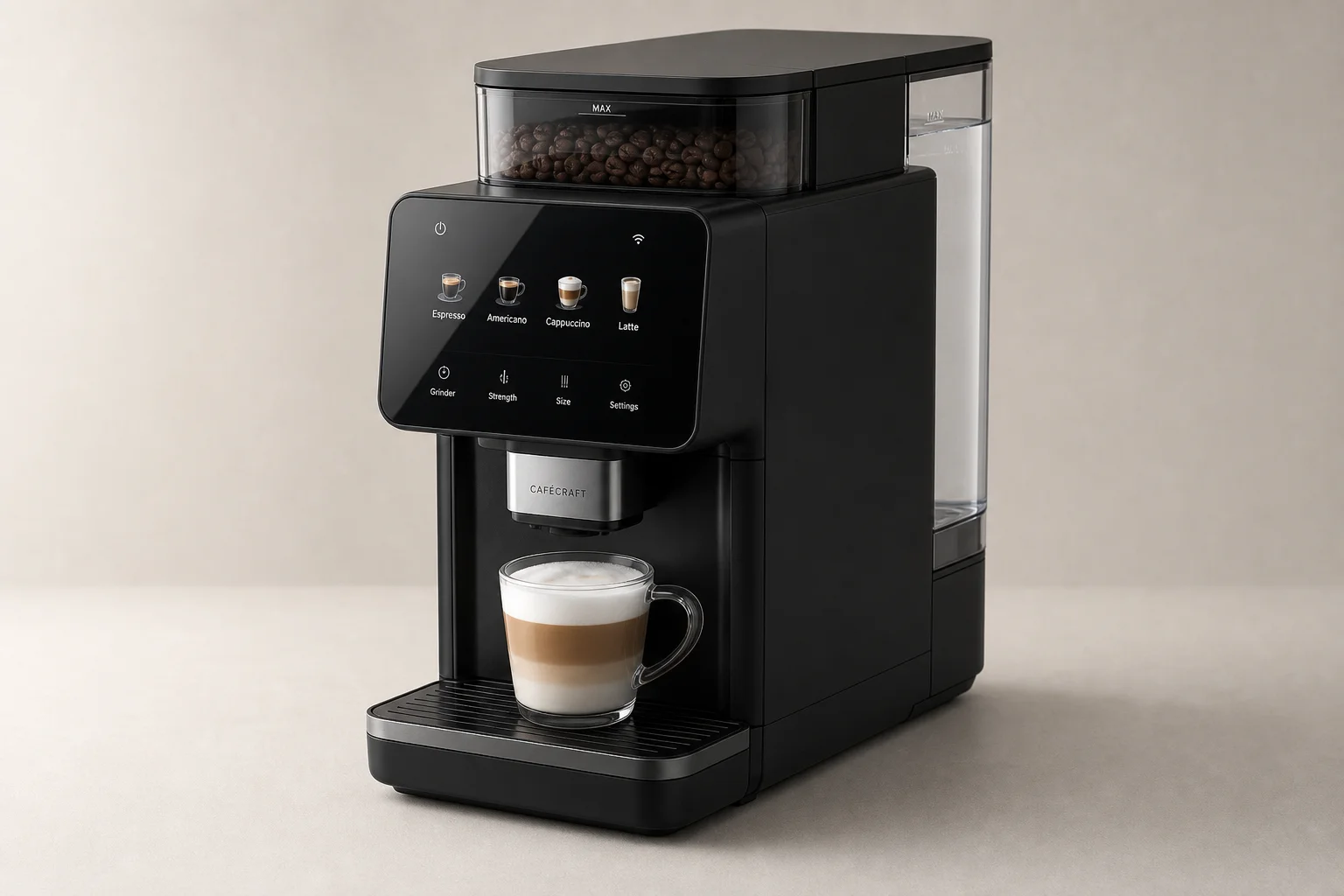 Beautiful bean-to-cup coffee maker on neutral backdrop showing modern compact design