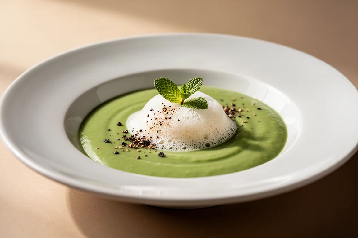 精緻擺盤的料理,上頭覆蓋一匙鹹香草本奶泡