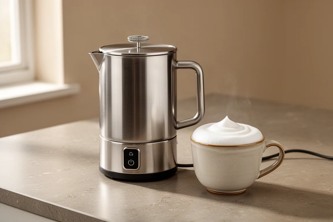 Brushed stainless steel milk frother on a kitchen counter beside a cup of glossy microfoam