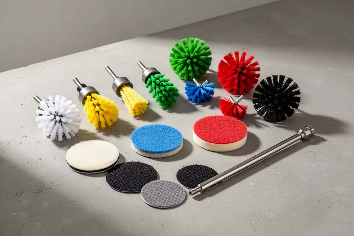 Flat-lay of colorful drill brush attachments, scrubbing pads, and an extension shaft on concrete