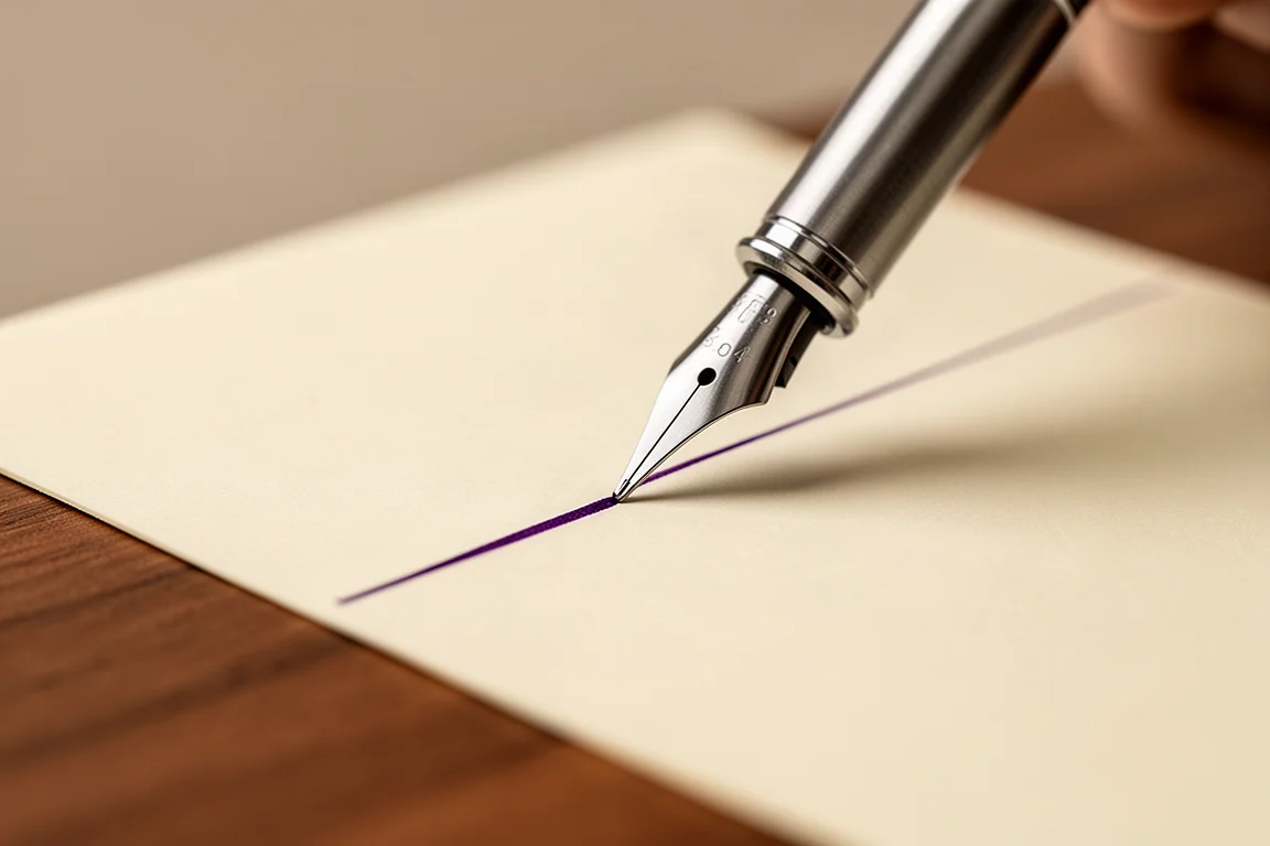 Porte-plume à trempette en plein trait sur du papier, déposant une ligne d'encre aux couleurs dégradées
