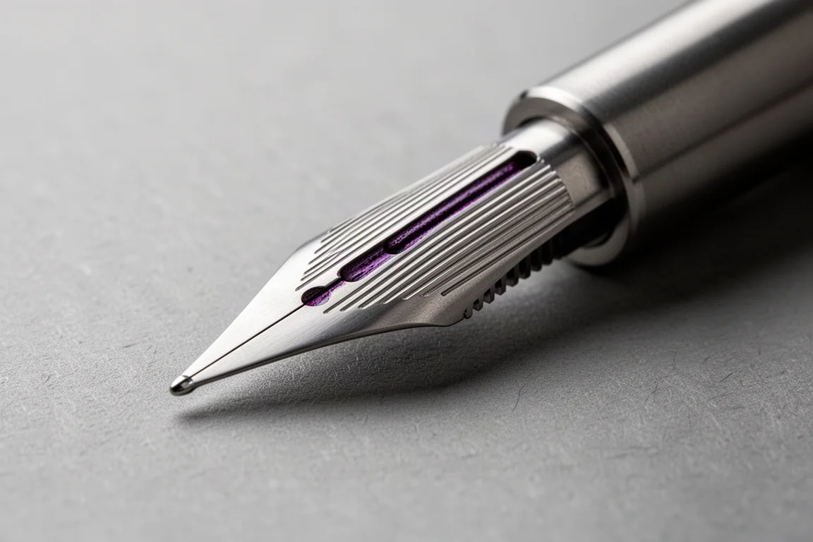 Close-up of a machined metal dip nib showing fine parallel ink grooves