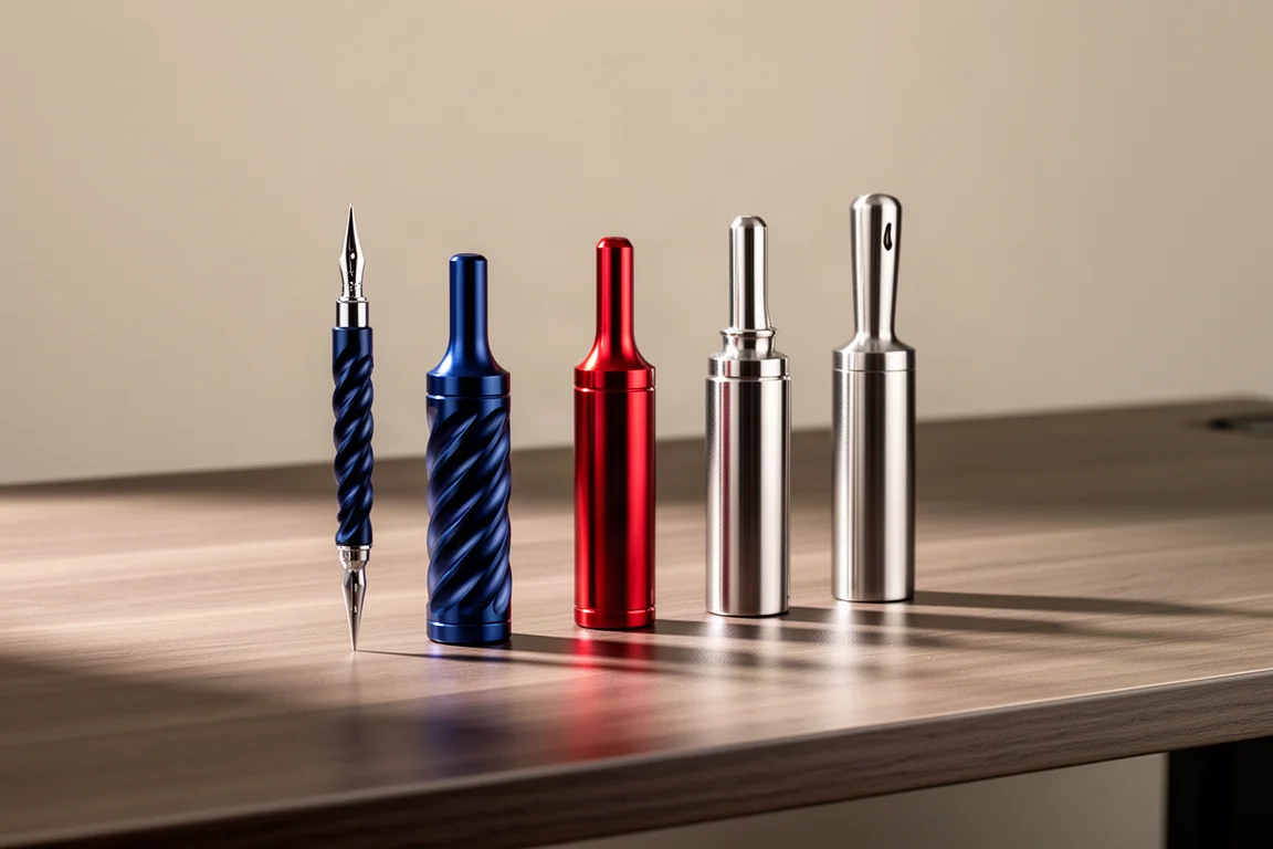 Metal pen holder collection displayed on a wooden desk surface
