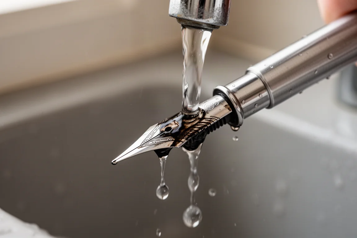 Dip pen nib being rinsed clean under a gentle stream of water