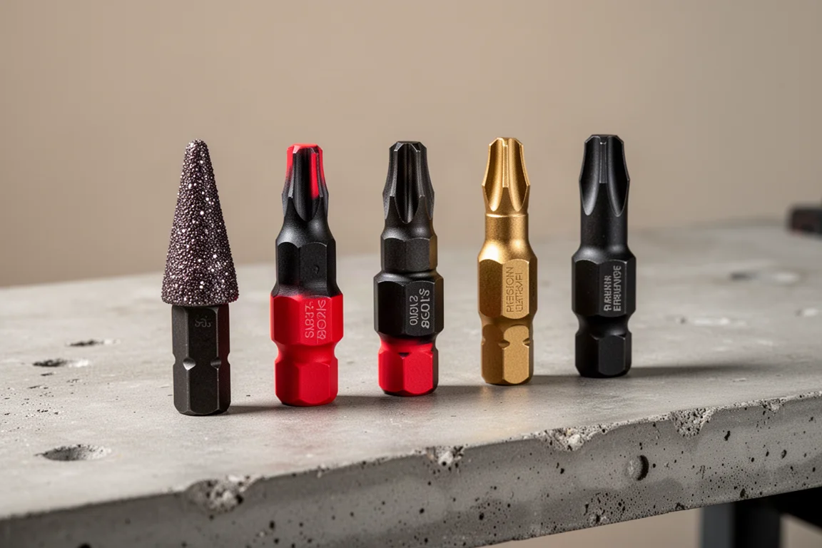Four impact driver bits lined up on a concrete workbench