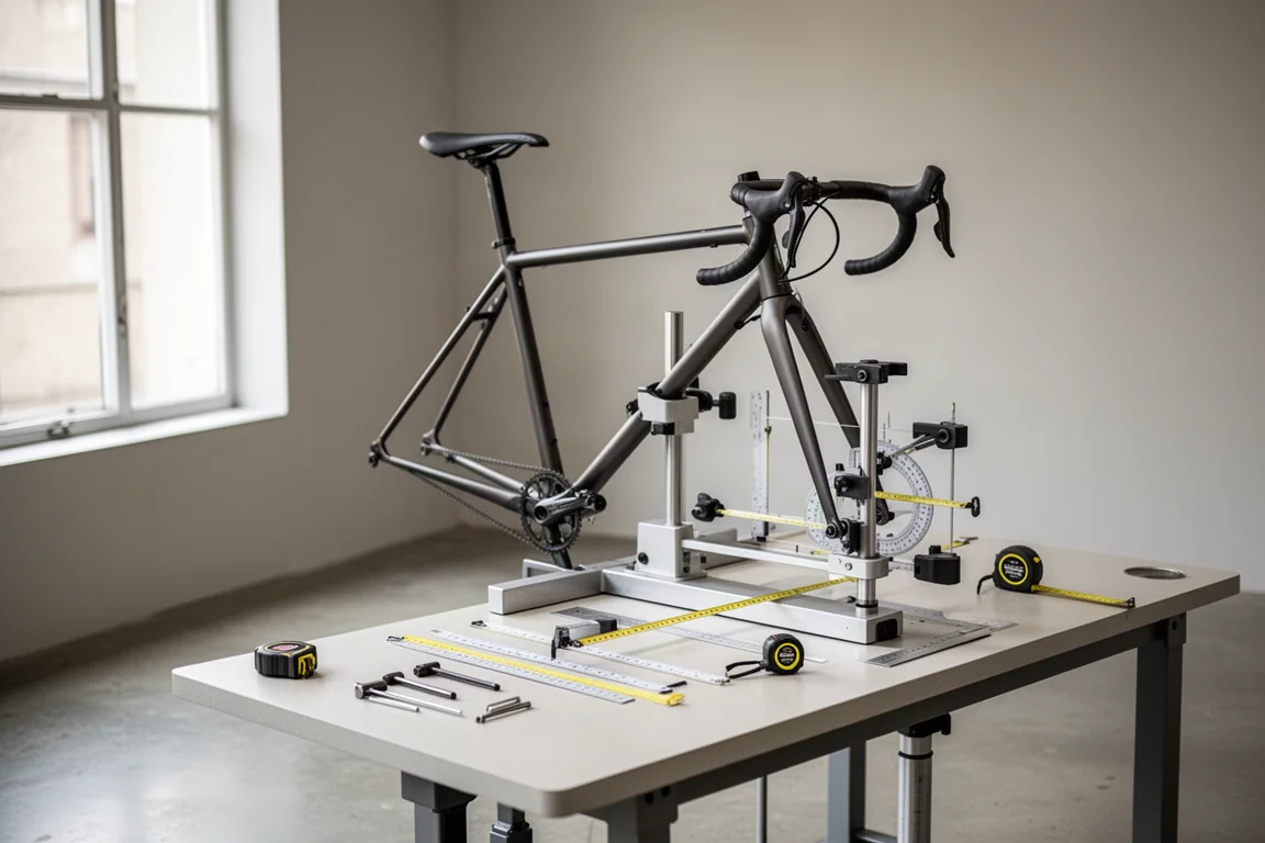 Cykelstudio för bike fit med en bar bockstyresram i en fit-jigg och mätverktyg på en arbetsbänk