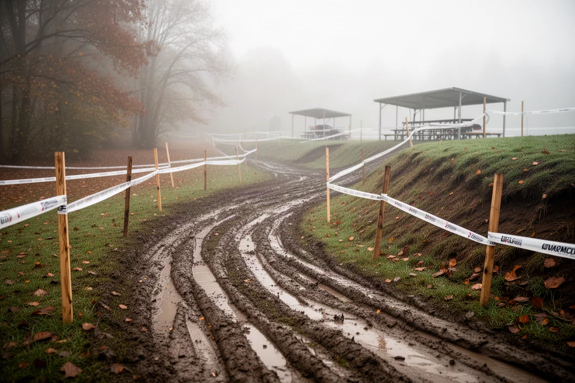 Muddig cyclocrossbana med band, pinnar och djupa däckspår genom vått gräs