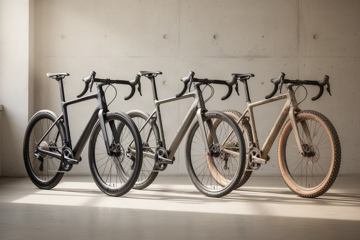 Three drop-bar bicycles, road race, endurance and gravel, lined up in a bright workshop