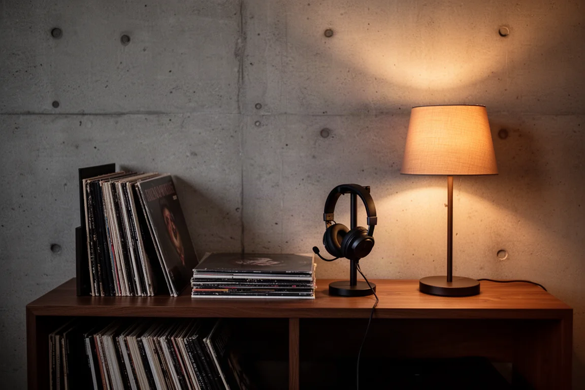 Evening listening corner with vinyl records, a headphone stand and warm lamp light
