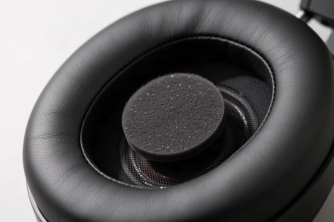 Macro view of a foam damping disc inside a black oval ear cushion