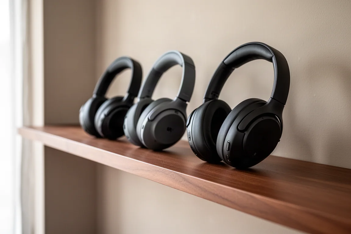 Three closed-back headphones lined up on a wooden shelf in soft daylight