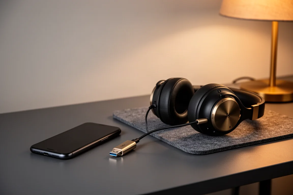 Desk with a smartphone, a small USB dongle and a closed-back headphone in warm light