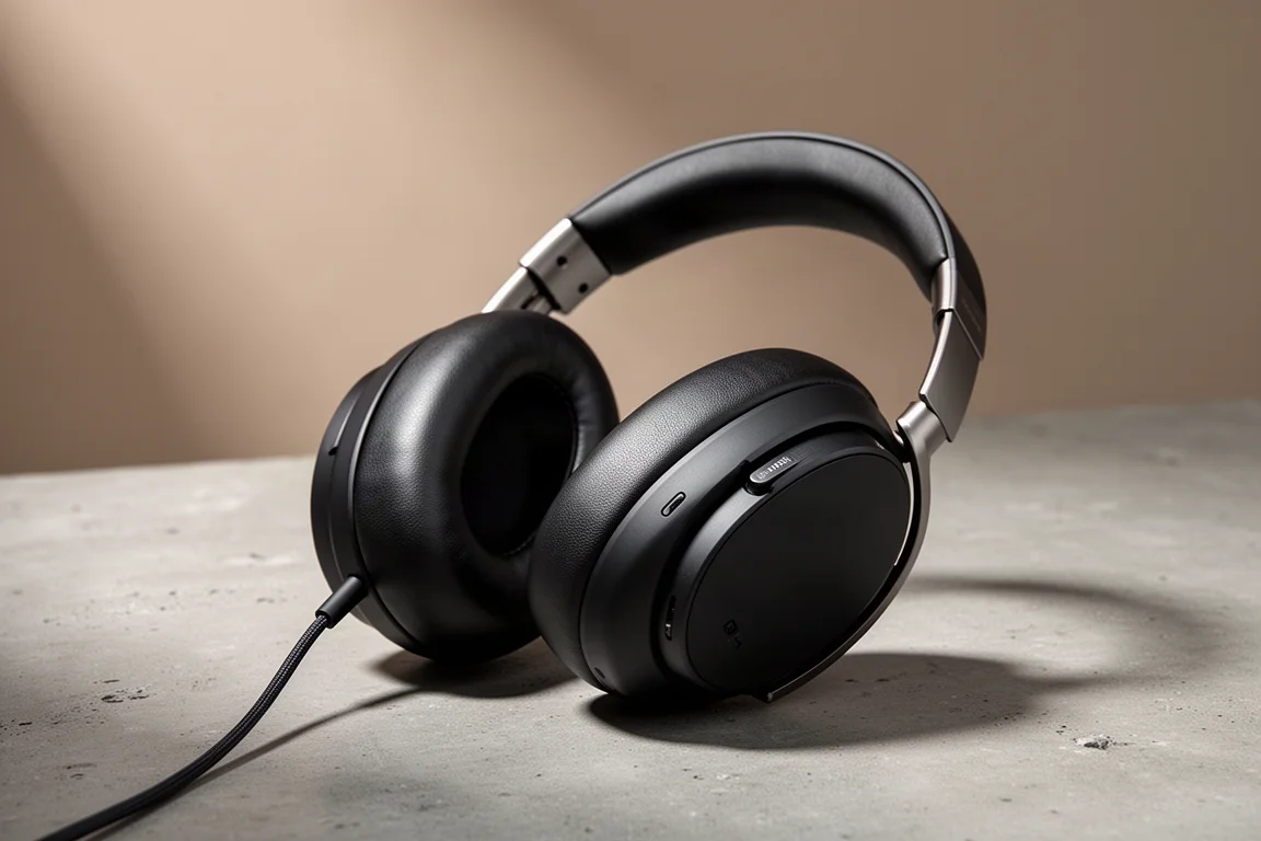Closed-back over-ear headphones with black leather ear cushions on a concrete surface