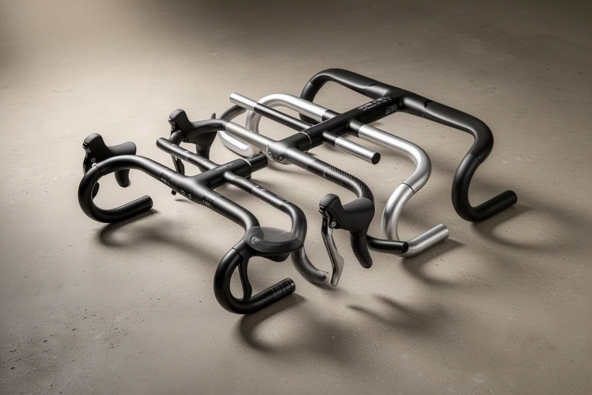 Four aluminium drop handlebars in a row on concrete with a tape measure