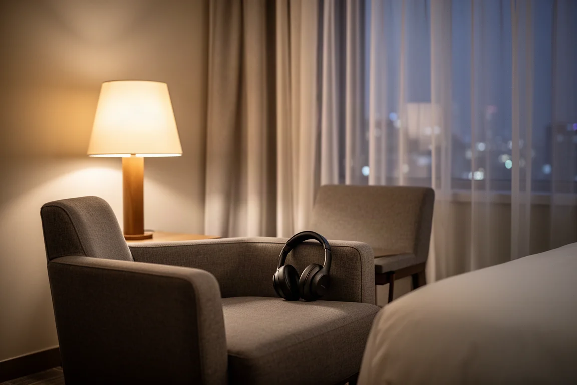Stanza d'albergo silenziosa la sera con le cuffie sul bracciolo di una sedia e le luci della città fuori