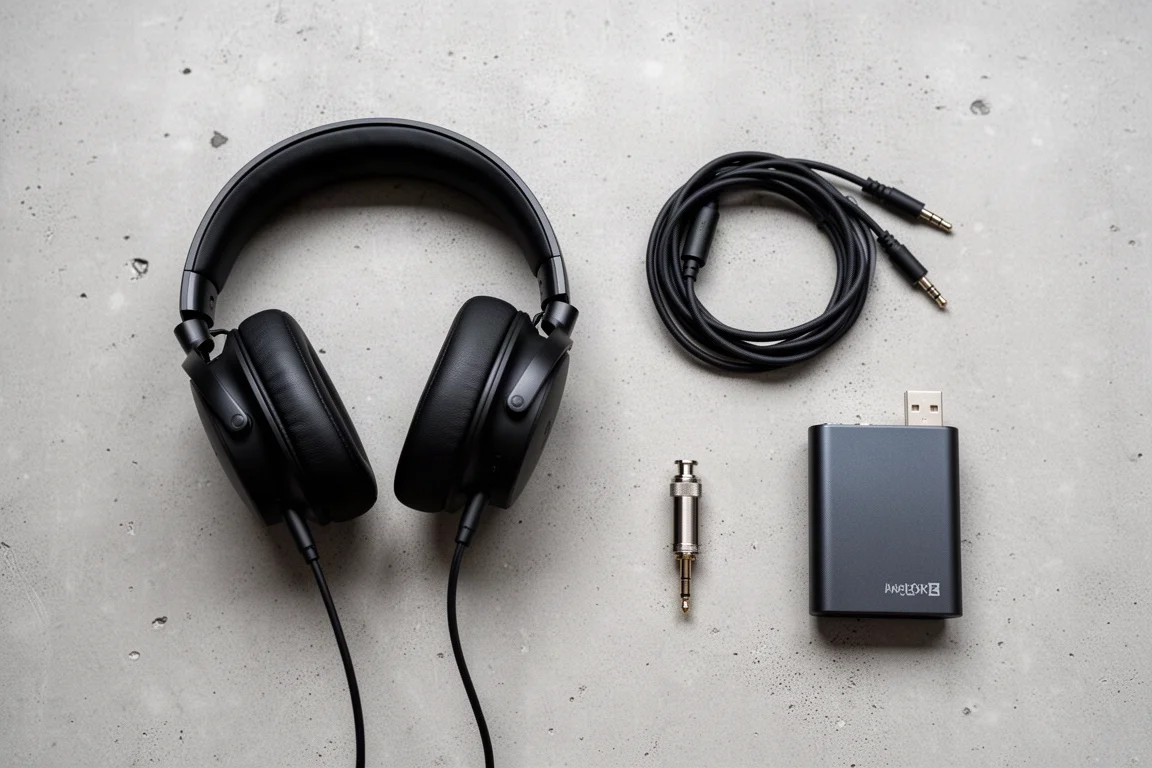 Flat lay di una cuffia closed-back con cavo, adattatore e un piccolo DAC USB su cemento