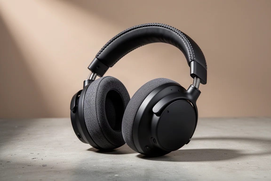Closed-back over-ear headphone with matte black ear cups on a concrete surface