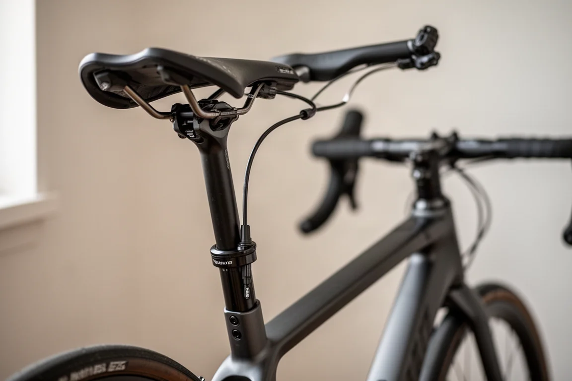 Canote com acionamento por cabo em uma bicicleta de estrada, com conduíte até o guidão