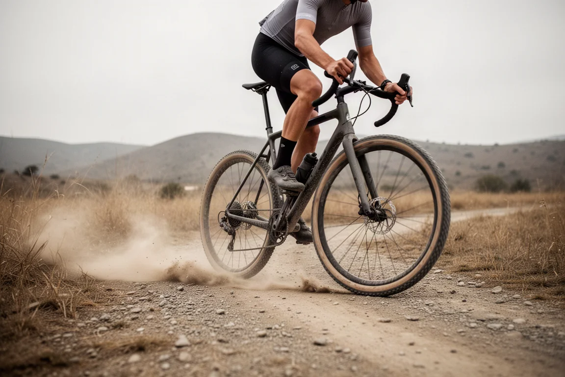 Ciclista de gravel pedalando em uma pista não pavimentada acidentada com poeira levantando atrás