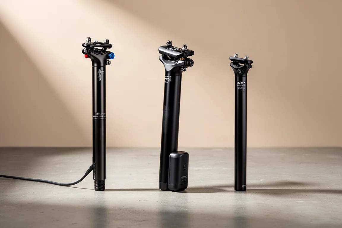 Three dropper seat posts of different designs arranged on a matte concrete surface