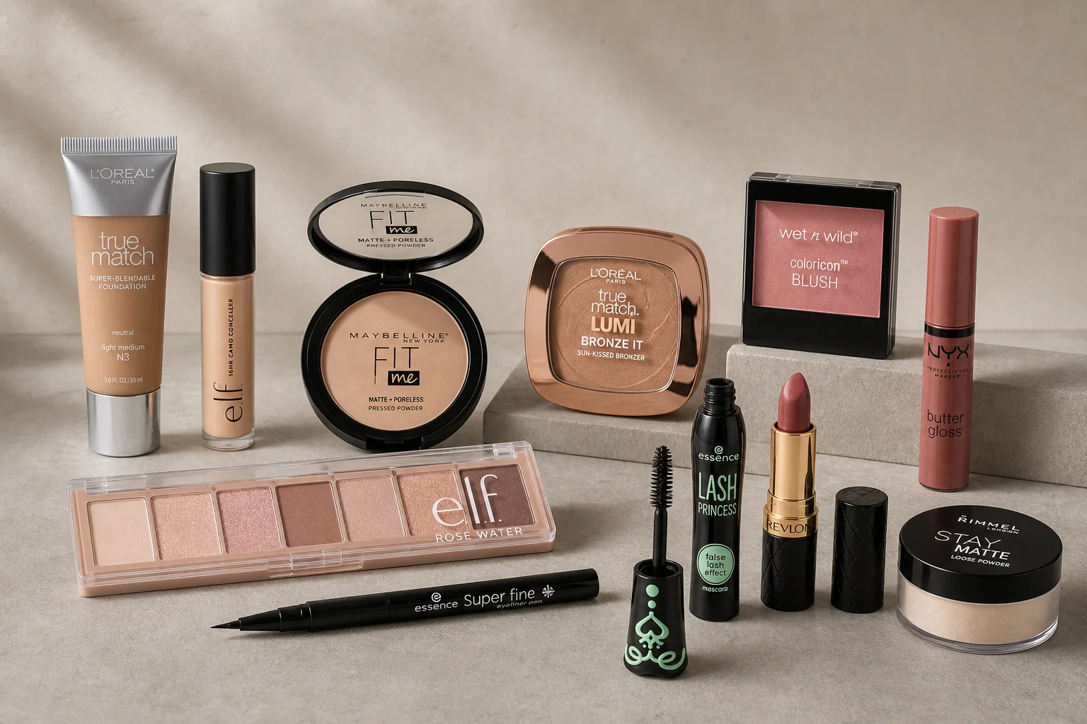 Collection of 15 drugstore makeup products arranged on concrete surface