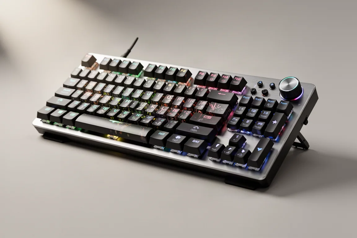 コンクリートのテーブルに置かれた、さまざまなサイズと素材のゲーミングキーボードのラインアップ